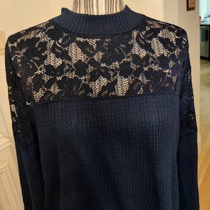 Navy WAFFLE MOCK-NECK LACE TOP - XL
